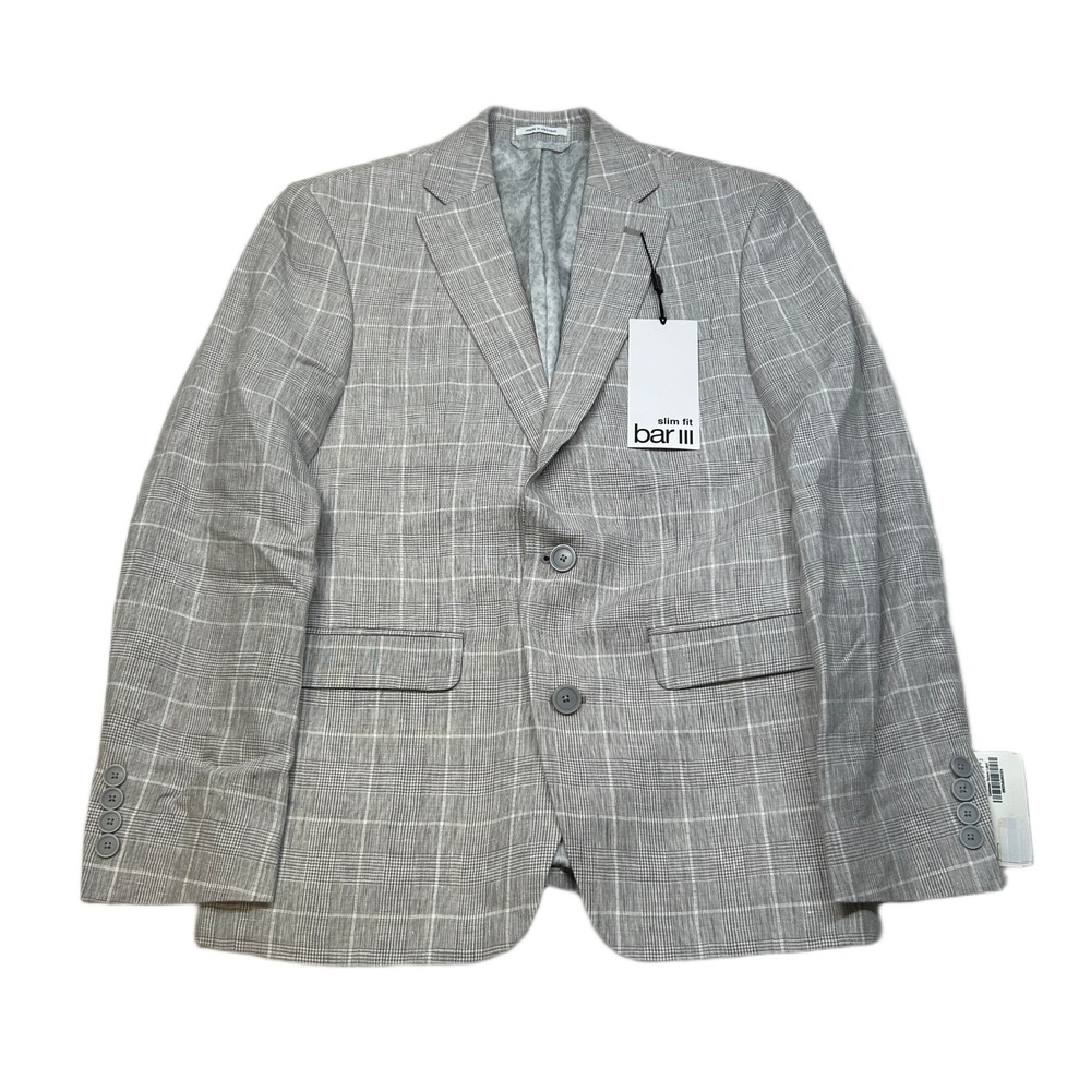 Bar III Linen Sport Coat Mens 36S 36 Gray Plaid Slim Fit‎ $360 NEW